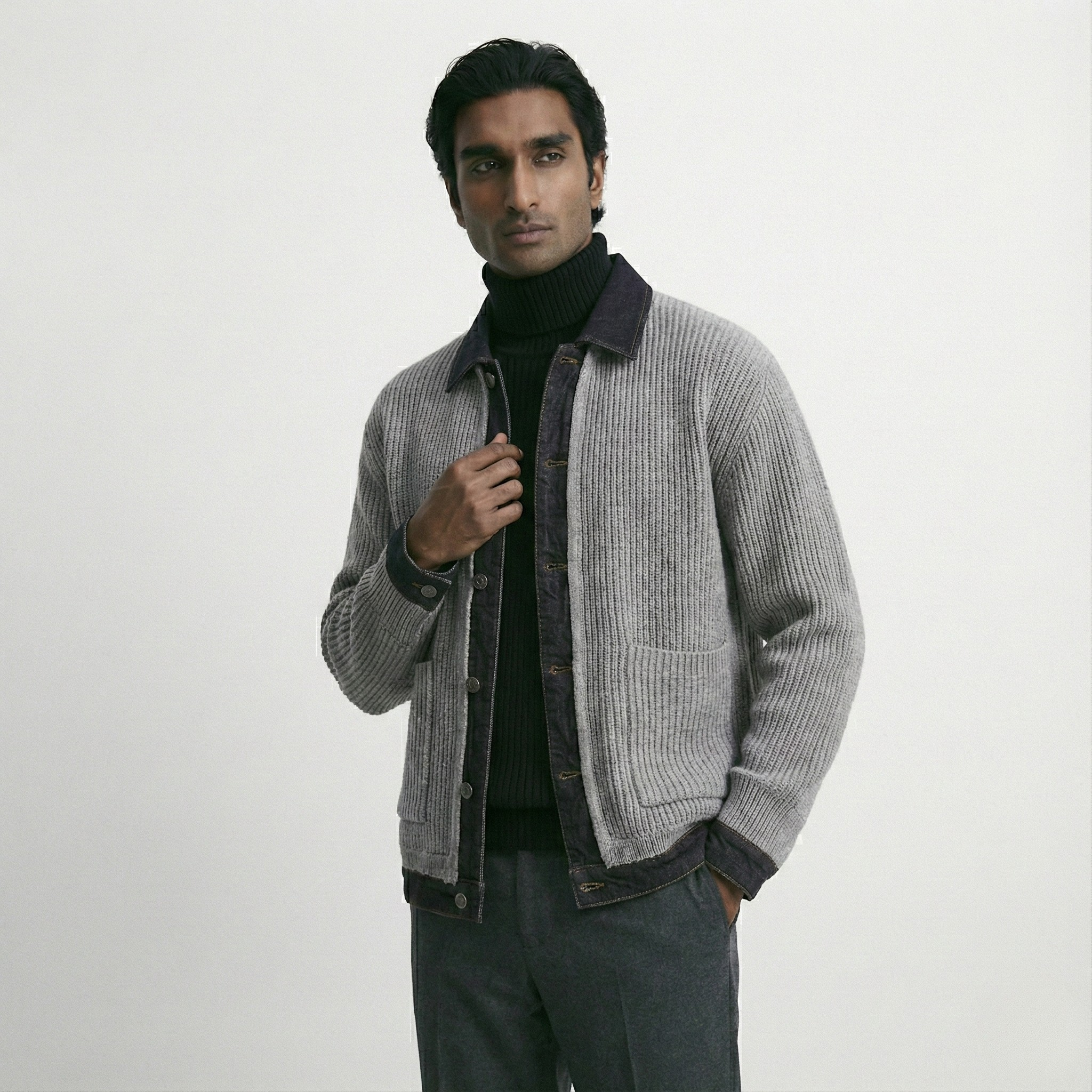 Atelier Denim Collared Wool Cardigan