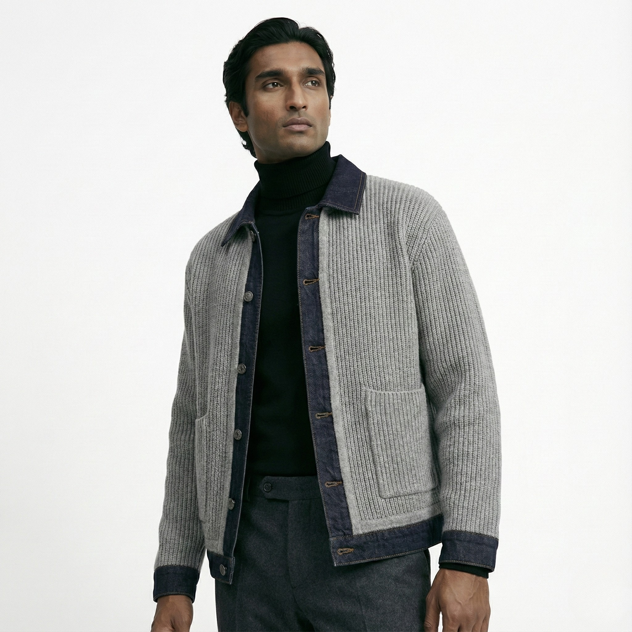 Atelier Denim Collared Wool Cardigan